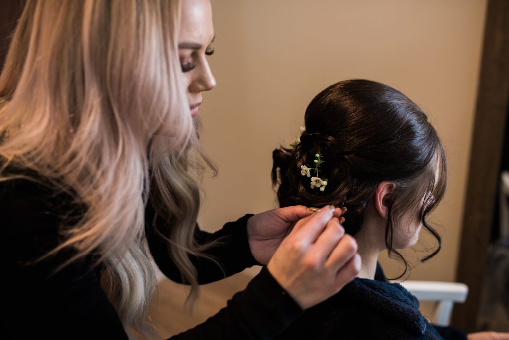 Winter Bridal Hair with florals for Colorado Black Forest Wedding 