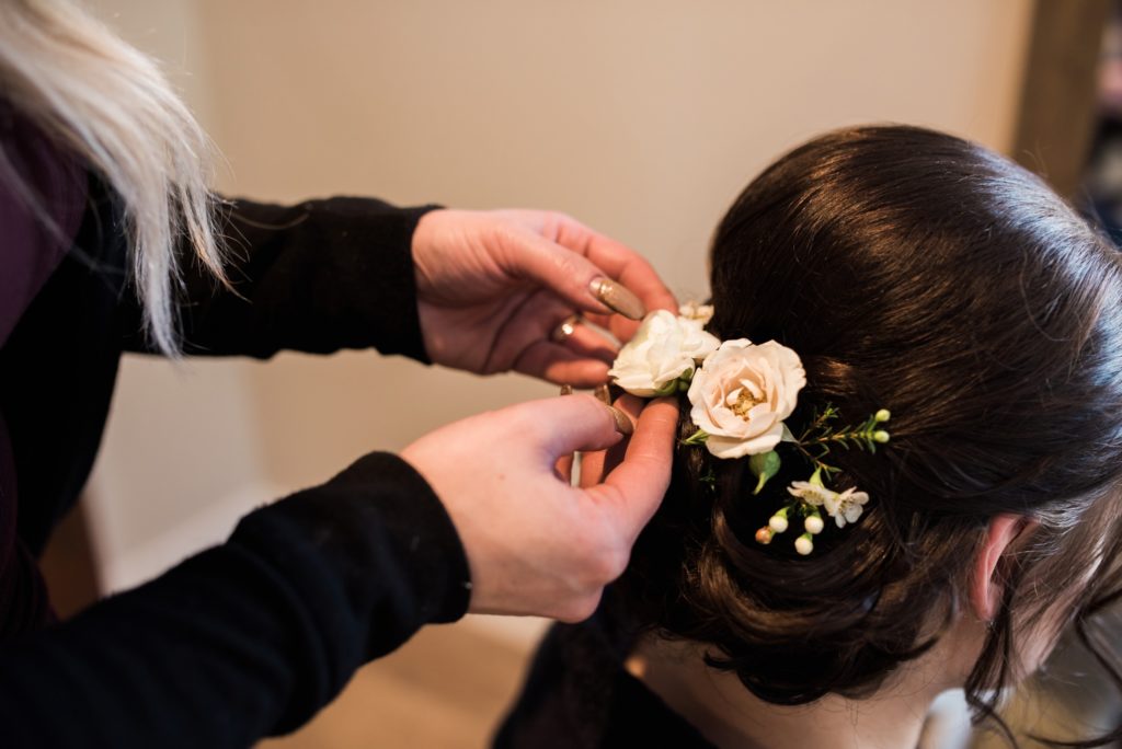 Winter Bridal Hair with florals for Colorado Black Forest Wedding 