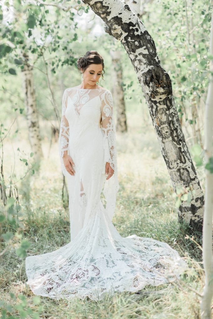 boho Rue De Seine gown with bride on private estate in Colorado 