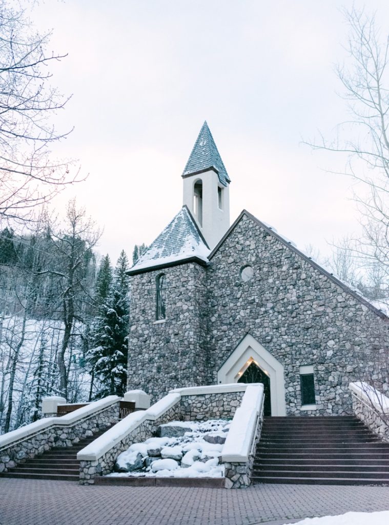 winter image of the chapel at beaver creek right before intimate wedding ceremony 