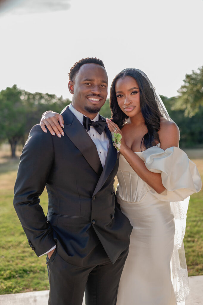 Editorial wedding portraits of bride and groom at The Arlo, framed by clean architecture and soft Texas hill country light.”