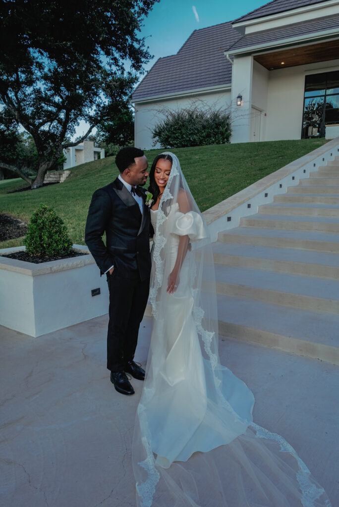 Editorial wedding portraits of bride and groom at The Arlo, framed by clean architecture and soft Texas hill country light.”